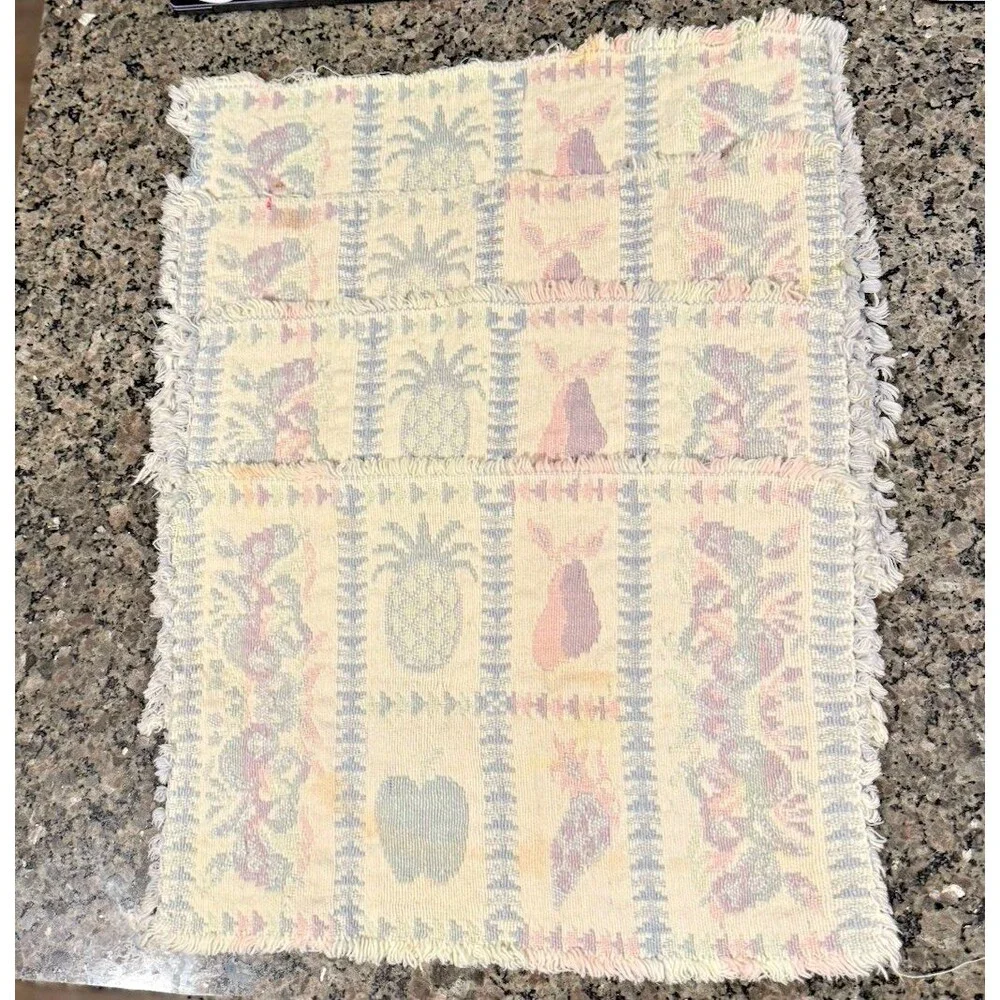 Vintage Woven Tapestry Placemats Set of 4 Fruit & Floral Motif Neutral Pastel